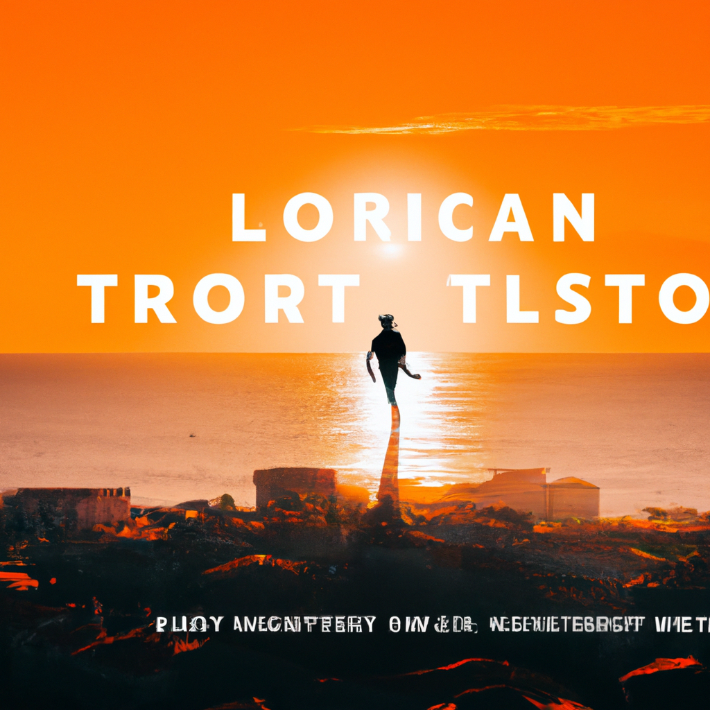 Vibrant coastal town aerial with traveler silhouette